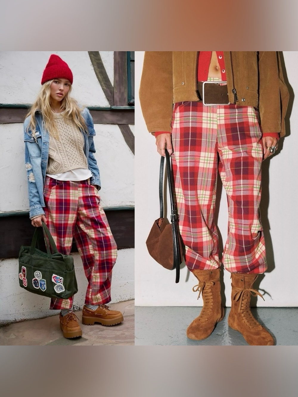 Free People nice choice pull on barrel pants in wine combo lantern plaid